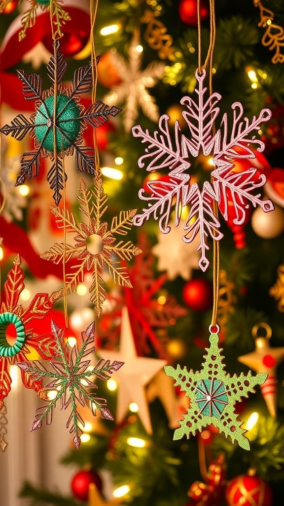 A display of DIY metal Christmas decorations including snowflakes and stars, showcasing vibrant colors and festive spirit.